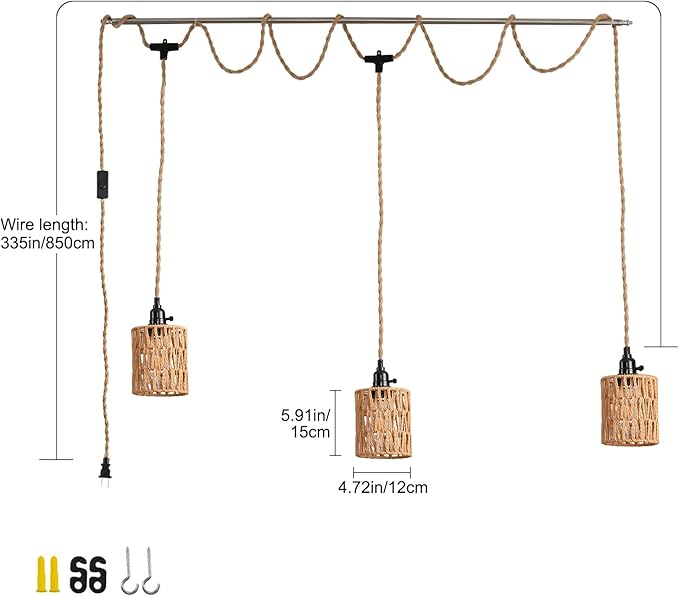 3-Light Hanging Light with Plug in Cord, Plug in Pendant Light 22ft Hemp Rope