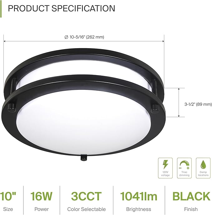 ASD LED 10" Round Flush Mount Lighting, Close to Ceiling Light Fixture | 3CCT