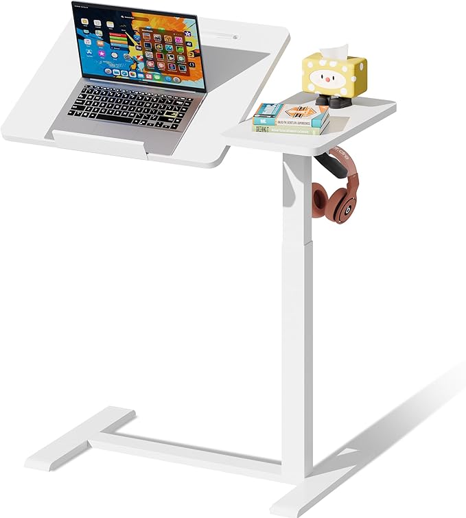 Standing Desk, Medical Overbed Table with Rolling Tray, Dual Pneumatic Angle and Height Adjustable Desk, Portable Side Table with Hidden Wheels, Home & Hospital Use, White
