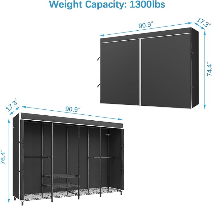 VIPEK V40C Plus Large Covered Clothes Rack for Hanging Clothes, Heavy Duty Portable Wardrobe Closet, Black Metal with Oxford Fabric Cover, Max Load 1300lbs