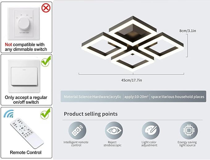 GEADI Led Ceiling Light, Modern 4-Square Ceiling Lamp 52W Dimmable Flush Mount