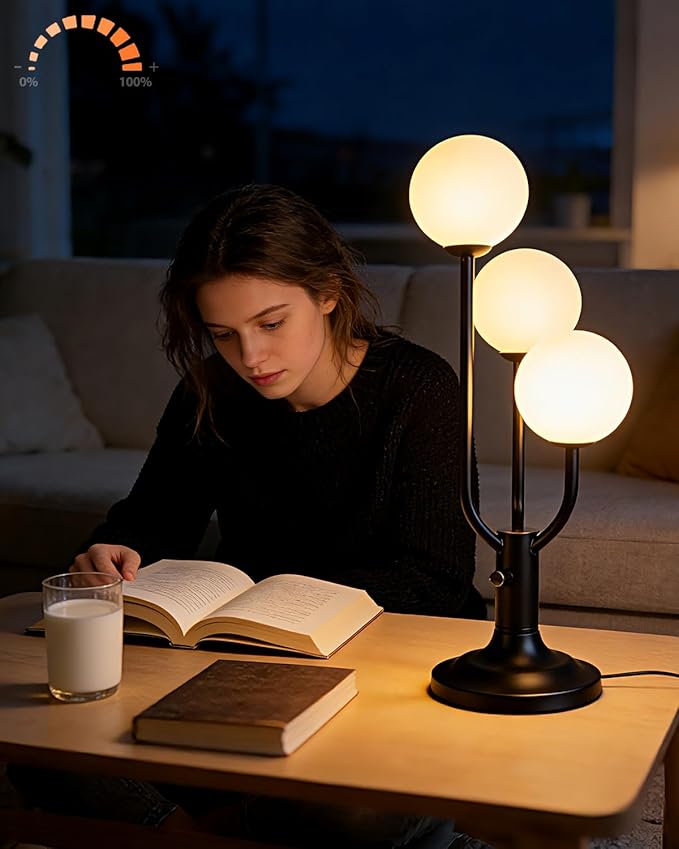 Modern Black Table Lamp for Bedroom, 3-Globe Dimmable Small Desk Lamp 3000K
