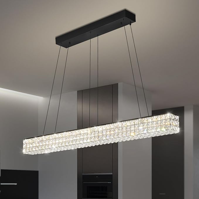 W48 Rectangle Chandeliers for Dining Room, Modern Crystal Pendant Lights