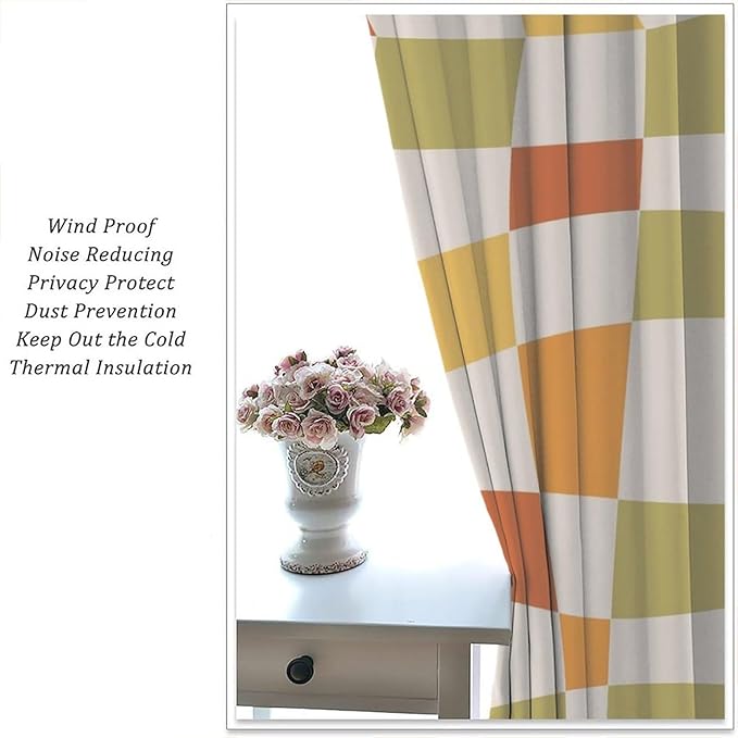Orange Checkered Curtains,70s Vintage Twisted Checkered Window Drapes Colorful Groovy Trendy Wavy Hippie Grid Print Window Treatments for Kids Girls Bedroom Living Room Bathroom 42"W X 63"L