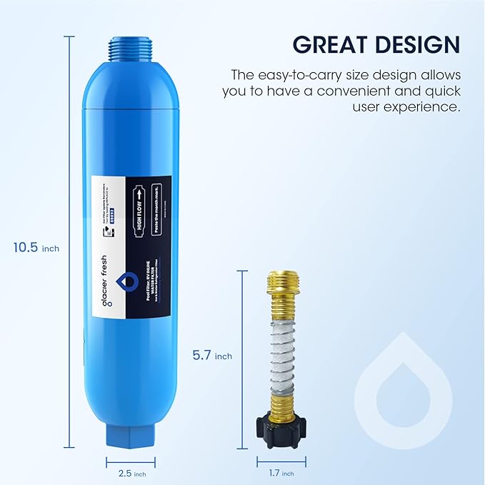 GLACIER FRESH RV/Marine Water Filter with 2 Flexible Hose Protector, Greatly Reduces Bad Taste, Odors, Chlorine and Sediment in Drinking Water, 4 Pack