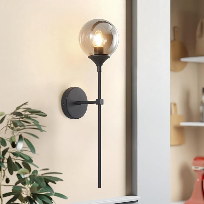 KCO Lighting Modern Smoke Grey Glass Globe Wall Sconce Black Matte Slim Wall