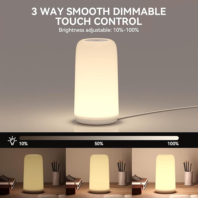 Touch Bedside Table Lamp, 3 Way Dimmable Small Lamp