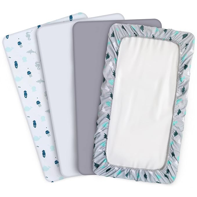 Graco Pack n Play Sheets Fitted 4-Pack | Mini Crib Sheets, Breathable Material, Grey