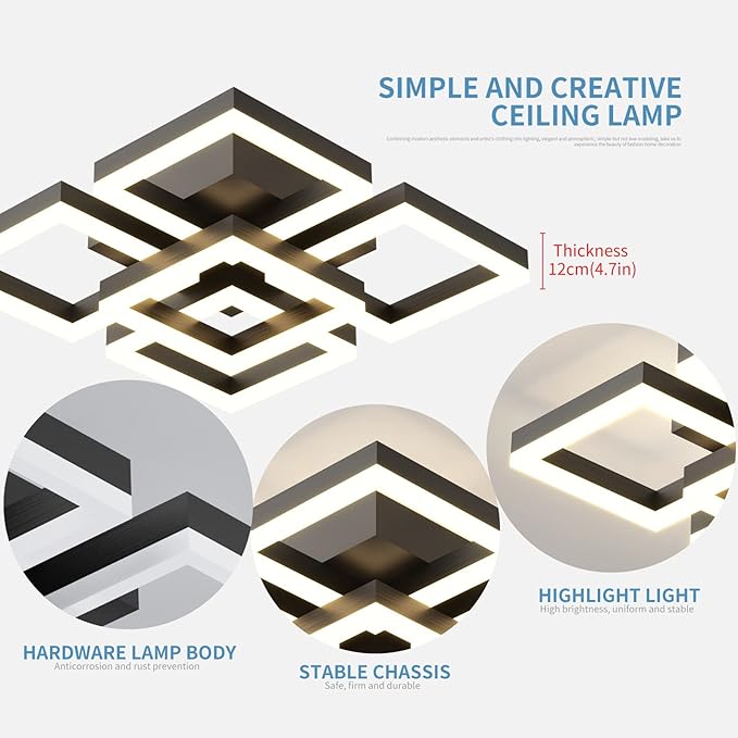 GEADI Modern LED Ceiling Light, 64W Dimmable Black Flush Mount Light 5-Square