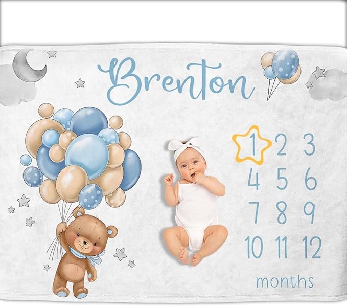 OLIVE OLIVIA Personalized Baby Milestone Blanket with Customized Name, 60"x80", White, Flannel, Throw Blanket, Modern Style, Bear Theme, Unisex, Machine Wash