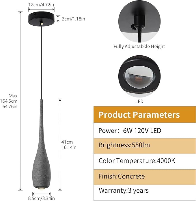 Black Pendant Light for Kitchen Island, LED Lens Concrete Pendant Light fixtures