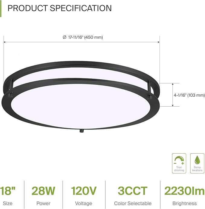ASD LED 18" Round Flush Mount Lighting, Close to Ceiling Light Fixture | 3CCT