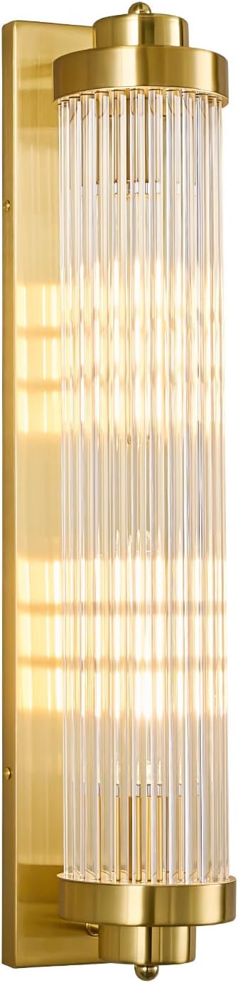 Gold Wall Sconces with Crystal Glass Strip Bathroom Sconces 2 Light E12 Base