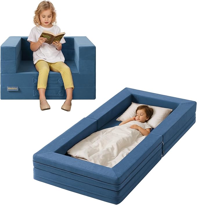 Travel Toddler Bed, 3-in-1 Convertible Sofa Bed for Toddler Portable Floor Beds, Flip Open Sofa Lounger for Girls and Boys, Made with High-Density Foam and Washable Cover,Blue