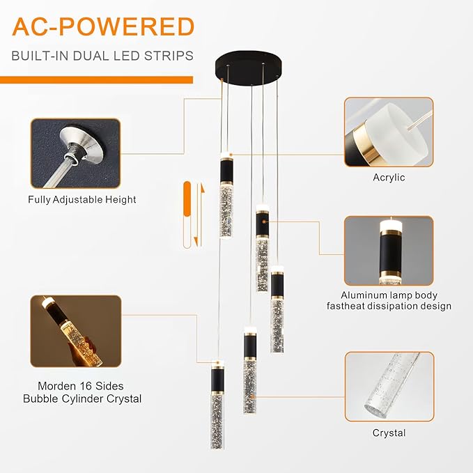 5-Light Modern LED Chandelier, Dimmable Hanging LED Pendant Light