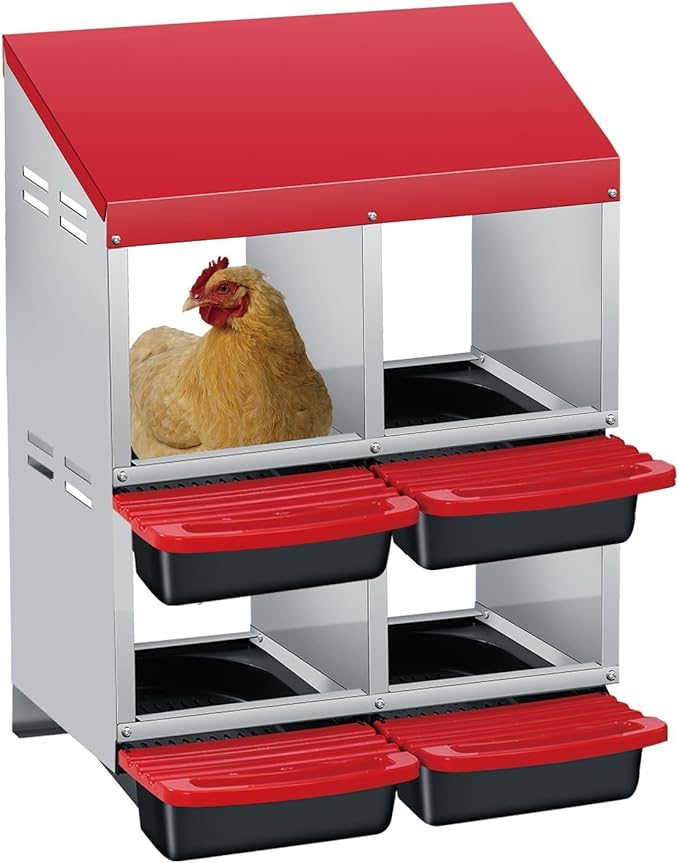 Heavy Duty 4-Hole Double Layer Chicken Nesting Box – Roll-Out Tray for Easy Egg Collection, Galvanized Steel, Wall-Mountable, Inclined Compartments, Easy to Clean – Red, Four-Compartment Double Layer