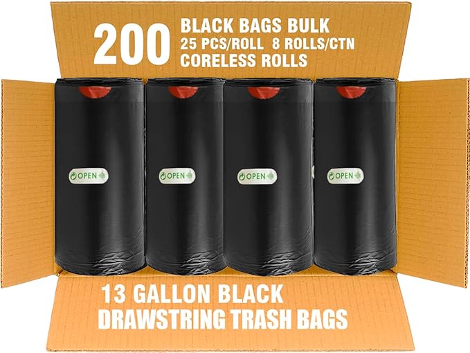 13 Gallon Trash Bags Drawstring, 200 Count Bulk, Black & Unscented Garbage Bags, Multi-purpose Tall Kitchen Trash Bags Can Liners for Business Home Commercial and Industrial
