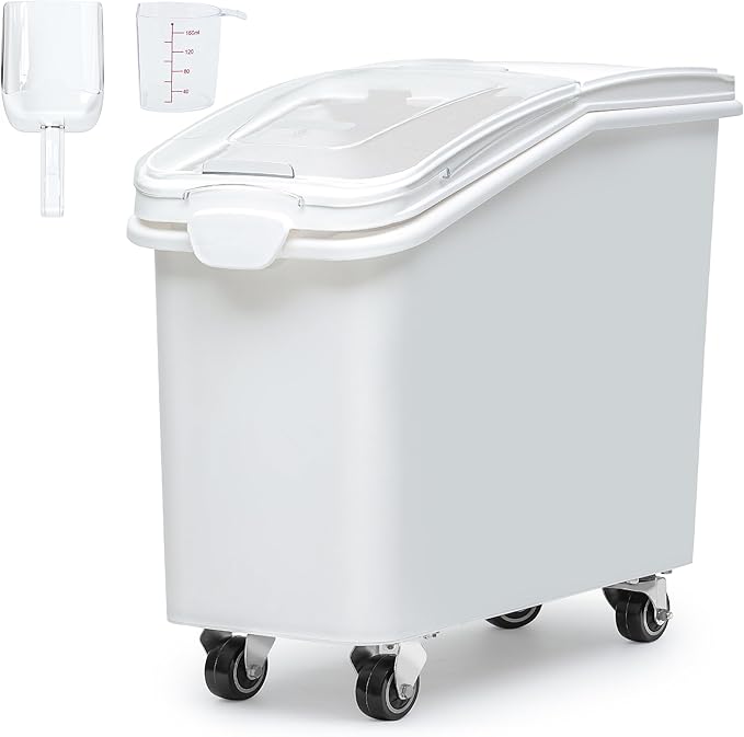 DWVO 27 Gal Large Ingredient Storage Bin, Flour Rice Food Storage Containers Bin with 500 Cups, Commercial Bins with 360° Wheels, Scoop and Lid for Kitchen, White