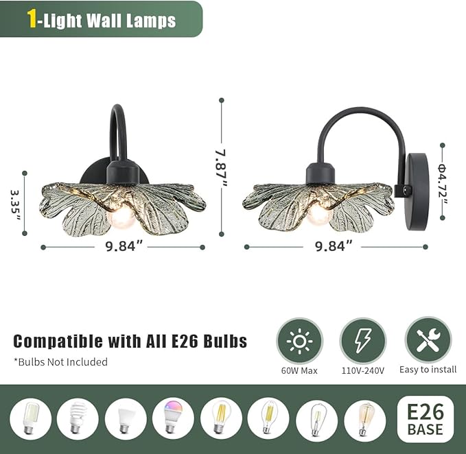 Black Bathroom Vanity Light Vintage Wall Sconce Hand Blown 1-Light Wall Lamp