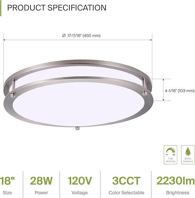 ASD LED 18" Round Flush Mount Lighting, Close to Ceiling Light Fixture | 3CCT
