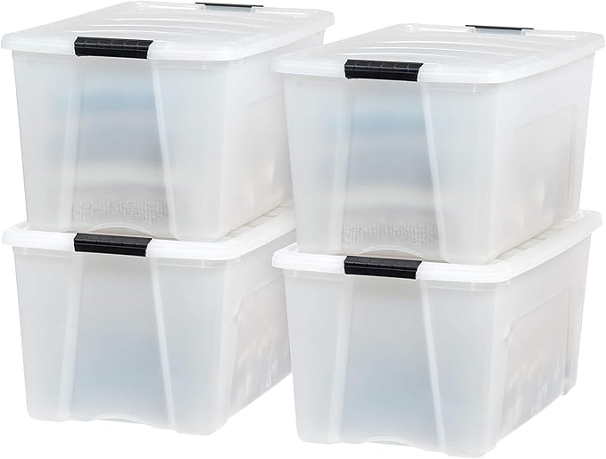 IRIS USA 72 QT Plastic Storage Box with Lid and Latches - 4 Pack - BPA-Free, Discreet Organizing Solution, Durable Nestable Stackable Containers, Secure Pull Handle - Pearl