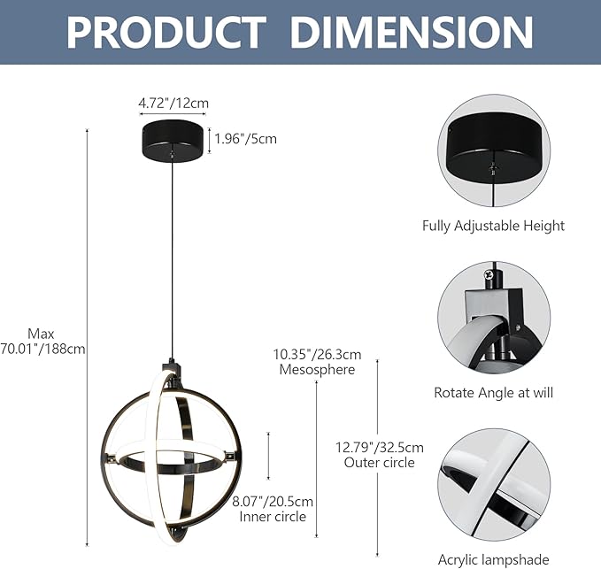 Modern LED Pendant Light Black Pendant Lights 4000K Dimmable External Glow