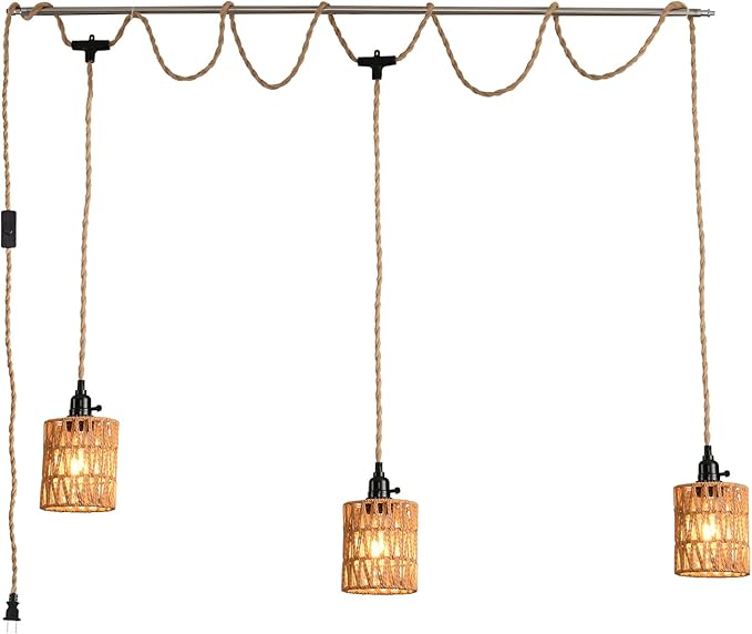 3-Light Hanging Light with Plug in Cord, Plug in Pendant Light 22ft Hemp Rope