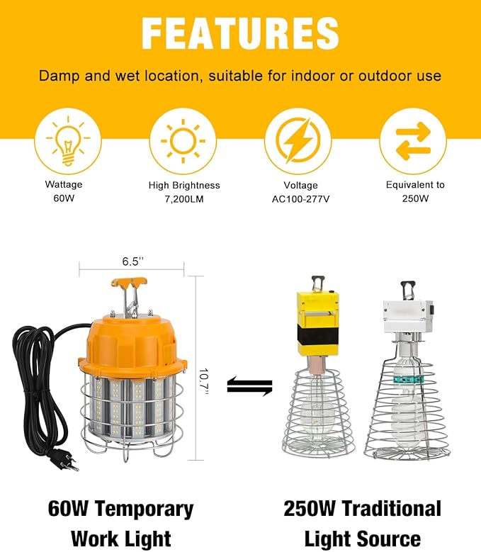 LED Temporary Work Light 60W, LED Construction Lights 7, 200lm 5000K Daylight
