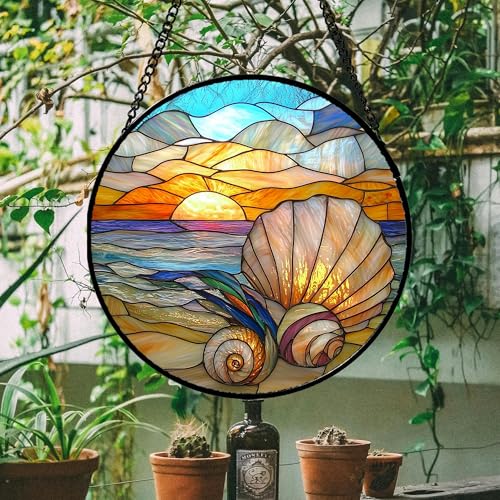 Ocean Stained Glass Window Hanging Suncatcher Beach Gifts for Women 15"