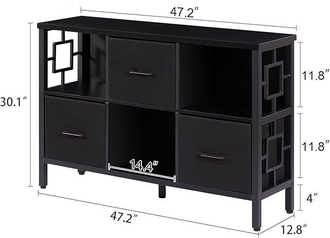 HOMISSUE 6 Cube Storage Organizer Shelf, Rustic Short Bookshelf with 3 Storage Bins, Industrial Horizontal Bookshelf with Metal Frame, Low and Wide Cube Bookcase for Living Room and Office, Black
