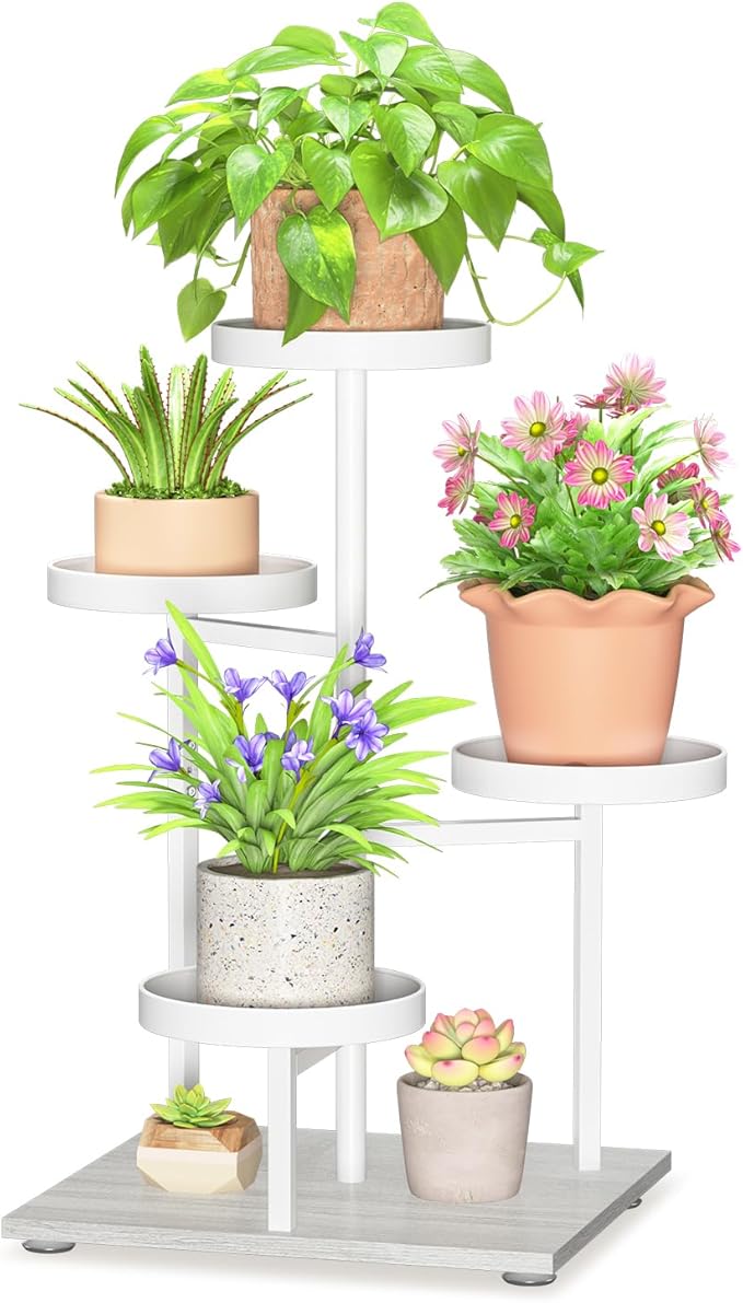 LASZOLA White 4 Tier Plant Stand Indoor Heavy Duty Rack for Modern House Planter, Metal and Wooden Vertical Organizer Decor Narrow Bathroom Floor, Sturdy Multi Level Flower Holder Raised, Cat Proof
