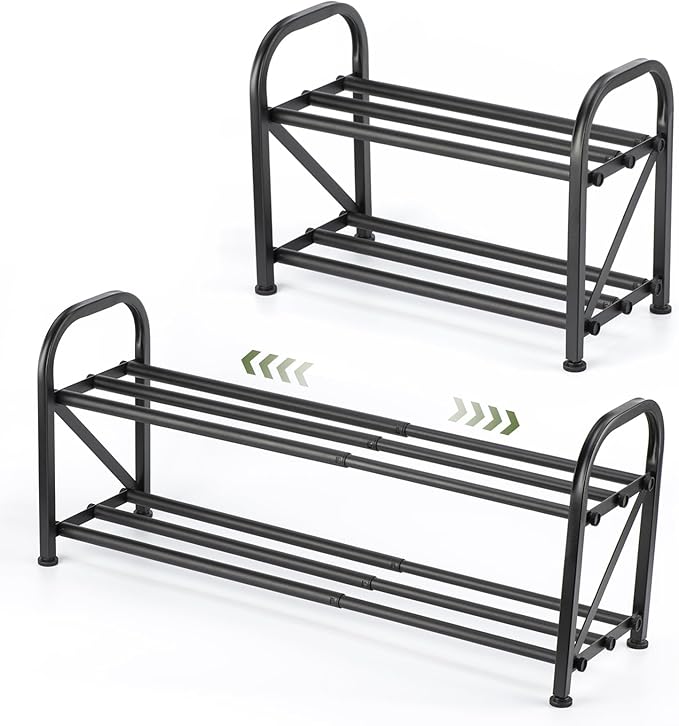 2-Tier Shoe Rack for Closet, 16"-33" Expandable ShoeRack, Adjustable for Entryway Closet Doorway SturdyMetal, Black