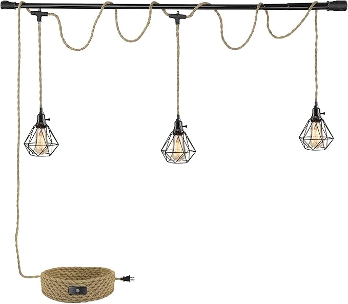 3-Light Hanging Light with Plug in Cord, Plug in Pendant Light 22ft Hemp Rope