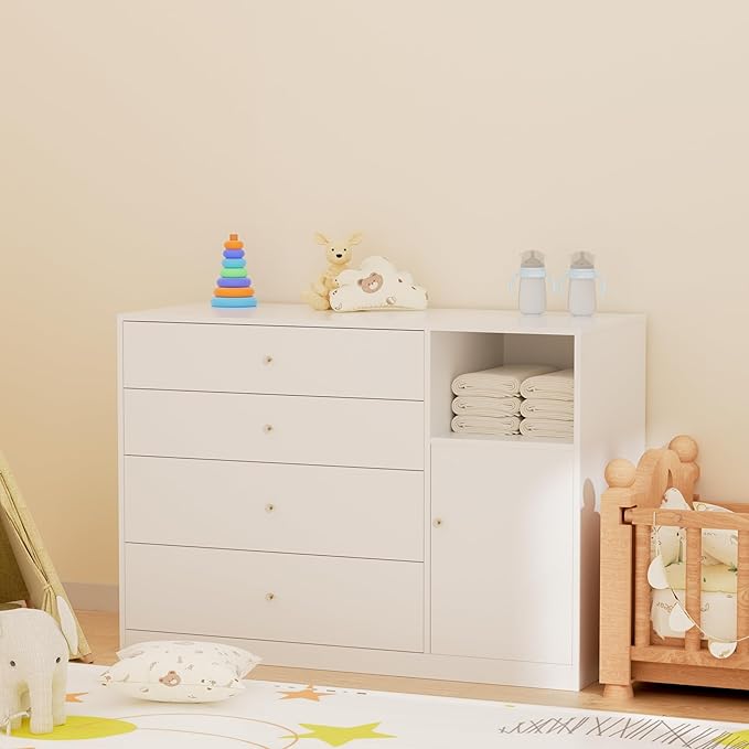 Nursery Dresser Changing Table Dresser with Changing Table Top Baby Diaper Changing Station with 5 Drawers for Infants Chest Storage Changing Station Nursery Organizer,White