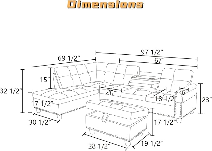 L Shaped Sectional Couch with Otttoman, 97" Leather Sectional Sofa for Living Room Modular Couches with Cup Holders for Bedroom, Apartments, Ginger