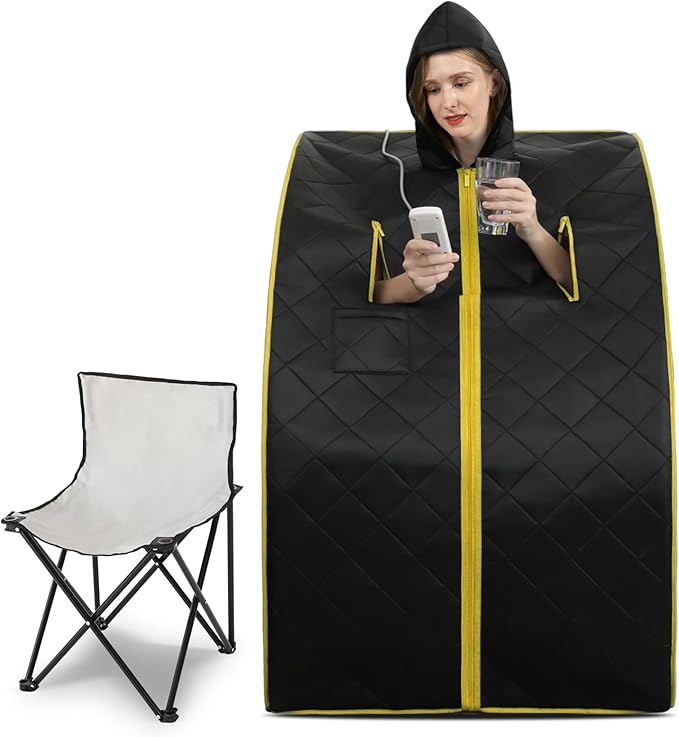 Smartmak Far Infrared Sauna with Hat, Portable Personal Full Body Home SPA Tent, Separate Heating Foot Pad and Portable Upgraded Chair-BlackGold