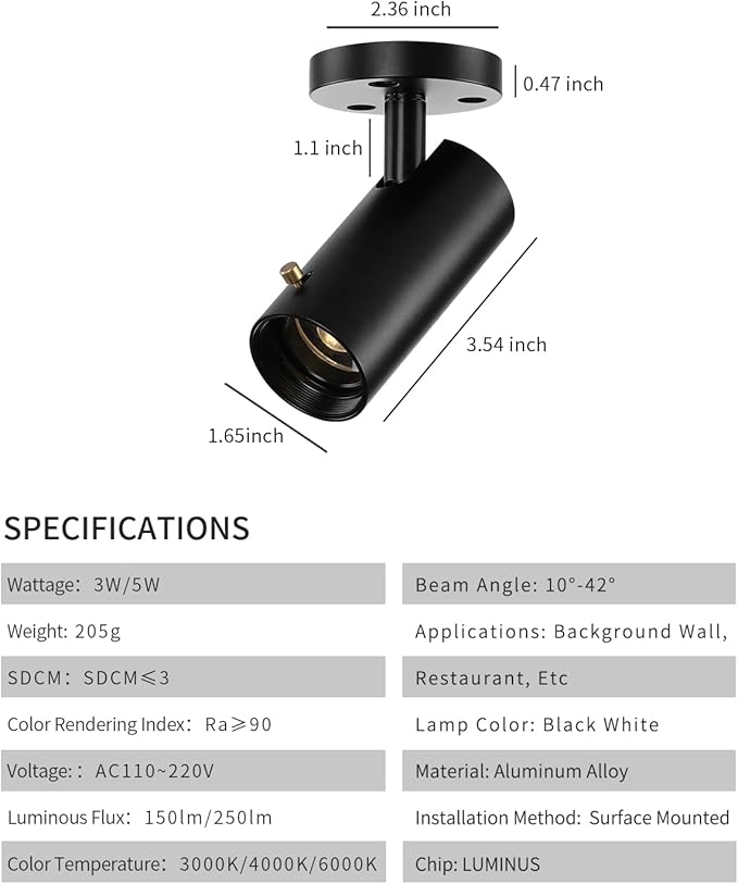 LED Ceiling Spot Light, 3W Cob Zoomable Spotlight, Small Angle Free Adjustable