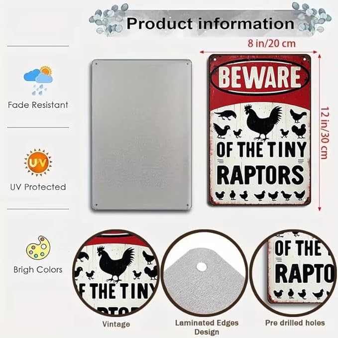 Funny Gifts for Women Chicken Lovers Farm Enthusiasts Beware of The Tiny Raptor Chicken Tin Sign for Chicken Coop Farm Kitchen Garden Yard Decor 8 X 12 Inch (3921)