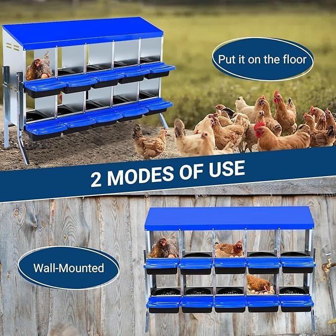 Chicken Nesting Box, 10-Compartment Egg Laying Box, Convenient for Collecting Eggs, Ventilated Poultry House Equipment in Metal Chicken Coop, Suitable for Hens and Ducks, (Blue, with Stand)
