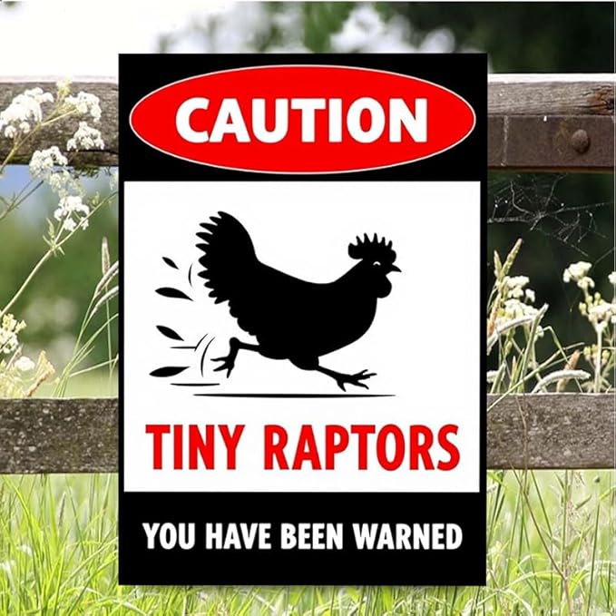 Caution Tiny Raptors Sign Aluminum Chicken Coop Signs for Farm Kitchen Rooster Hen House Decor Beware of Chicken Signs for Chicken Lady Lovers, 12x16inches