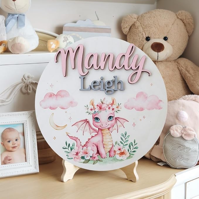 Personalized Wooden Name Signs for Nursery, Pink Dragon Sign for Baby Door Decor, Newborn Gifts for Girl, Girls Nursery Wall Bedroom Decorations, Mother's Day Gifts for New Mom Dad Gift