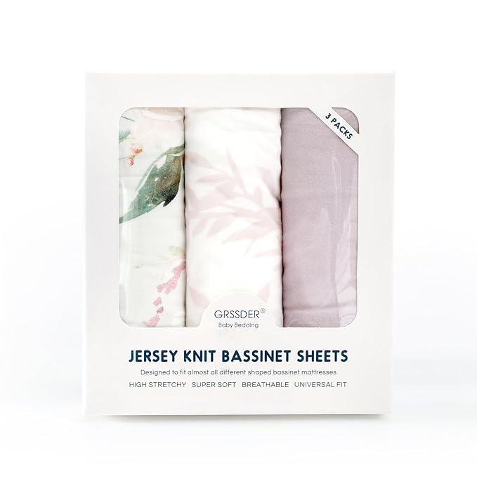 Stretch Ultra Soft Fitted Bassinet Sheet Set 3 Pack, Universal Fit for Bassinets Baby Cradle Moses Basket Oval Rectangle Mattress Safe and Snug, Beautiful Flowers and Insects Pattern for Baby Girls