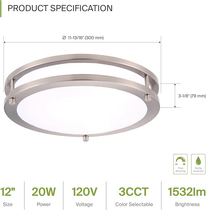 ASD LED 12" Round Flush Mount Lighting, Close to Ceiling Light Fixture | 3CCT
