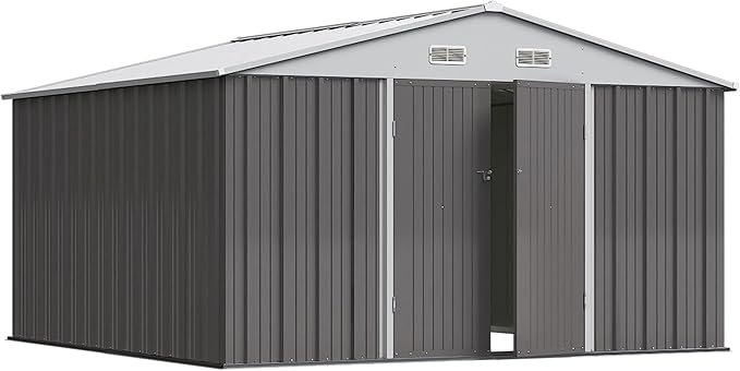 Greesum 10×10FT Outdoor Storage Shed, Metal Patio Storaged Sheds with Lockable Doors, Sheds & Outdoor Storage for Bike, Backyard, Pool and Garden, Gray