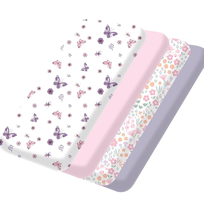 Little Grape Land Mini Crib Sheets for Girls 4 Pack, Fitted Mini Crib Sheets 26x38x5 for Pack and Play/Playard Mattress, Ultra Soft Brushed Microfiber, All-Around Elastic, Butterfly/Floral/Pink/Purple