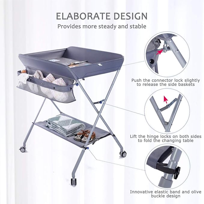 Baby Changing Table Portable Folding Diaper Changing Station with Wheels, Adjustable Height Mobile Nursery Organizer with Safety Belt and Large Storage Racks for Newborn Baby and Infant, Gray