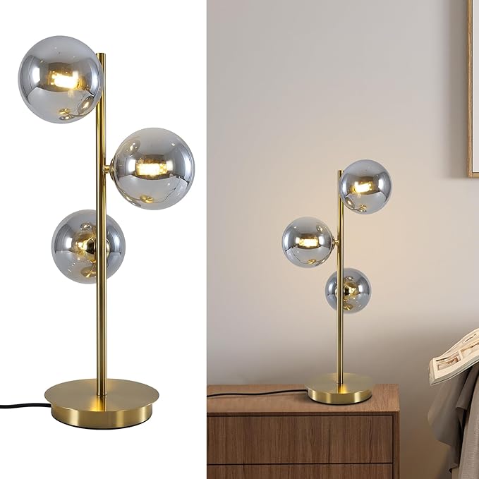Mid Century Globe Table Lamp, Modern 3 Lights Gold Brass Desk Lamp,