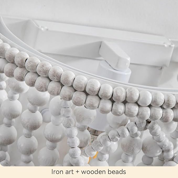 Boho Wood Bead Wall Sconce, Hand-Woven Double Layer White Wooden Beaded Wall