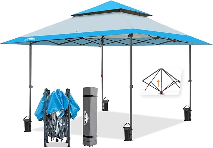 EAGLE PEAK 13x13 Straight Leg Pop Up Canopy Tent Instant Outdoor Canopy Easy Single Person Set up Folding Shelter w/Auto Extending Eaves 169 Square Feet of Shade (Light Blue)