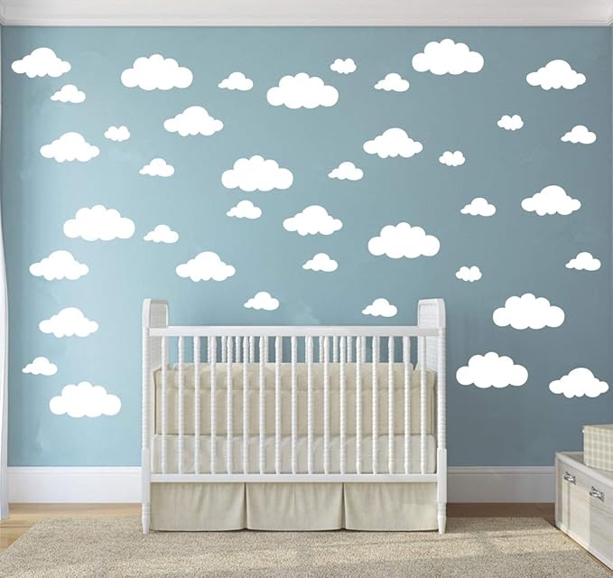 31pcs White Cloud Wall Decals – Mixed Sizes 4-10in Floating Vinyl Stickers for Baby Nursery, Kids Bedroom, Ceiling or Playroom – Removable DIY Home Mural Wall Art Decor YYU-14 (White)